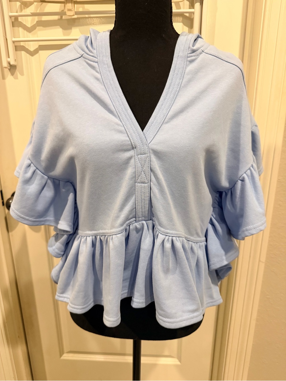 entro Light Blue Ruffle V-Neck Hooded Tunic